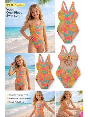 Art Class size Small (6/7)  Neon Tropical Palm One-piece Open Back Swimsuit NEW